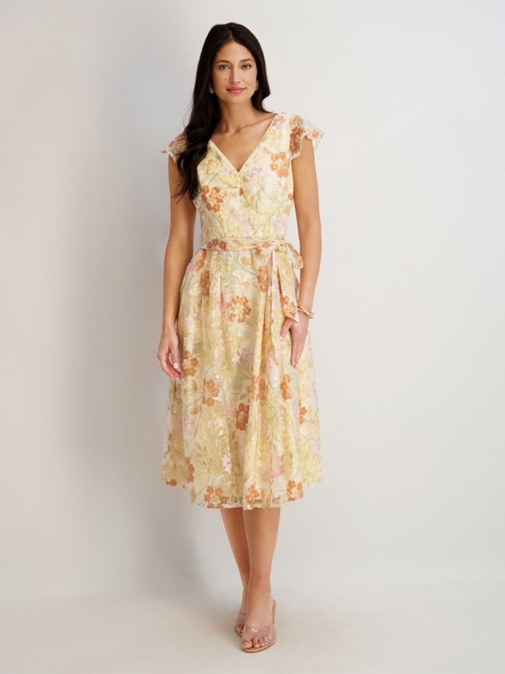 Kensie Women's Embroidered Sequin V-Neck Mesh Dress Belted Size 6